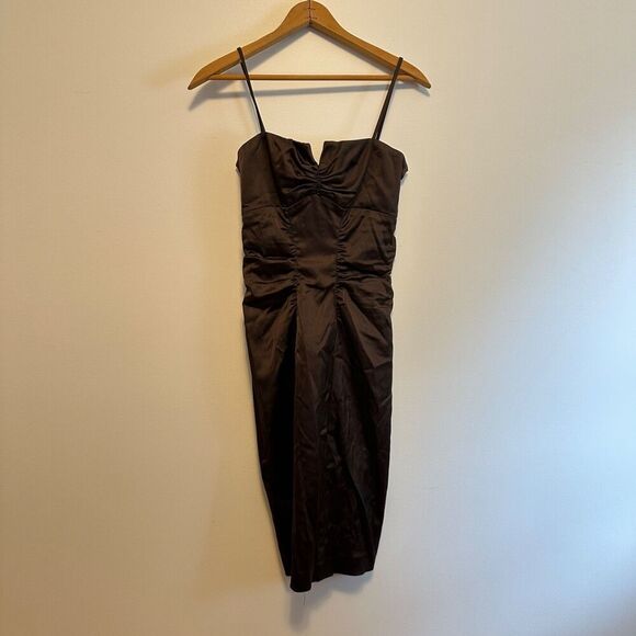 Vintage Cashe Brown Satin Stretch Cocktail Dress Sz 2 Y2k Bodycon Ruched Formal - Picture 1 of 9